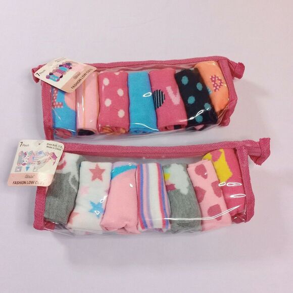 14 Random pr Low Cut Colorful Fashion Socks & Storage Pouch NWT Girls sz: 7-3 - Picture 2 of 3